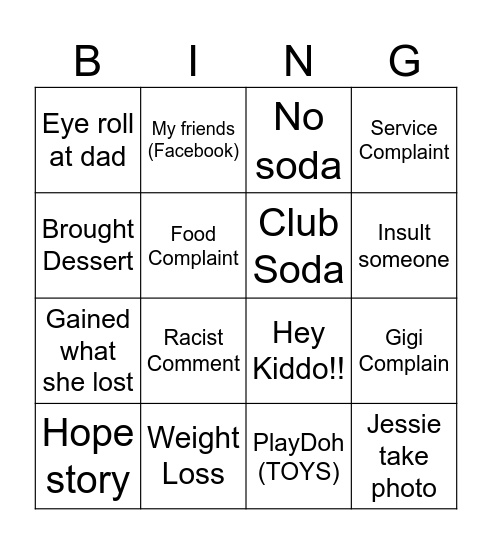 Family Dinner Bingo Card