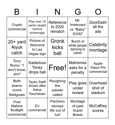 Super Bowl 2024 Bingo Card