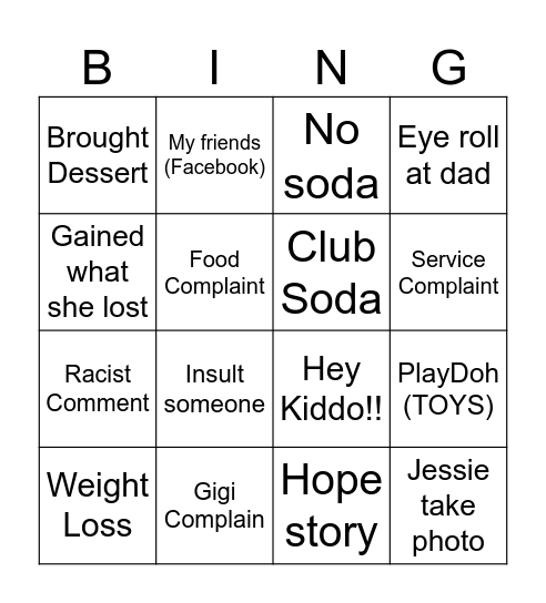 Family Dinner Bingo Card