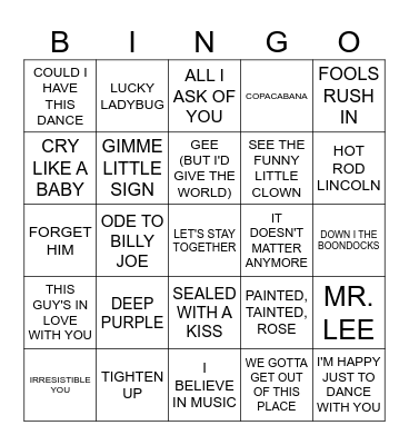 Music Bingo # 44 - WHATEVER (a) Bingo Card