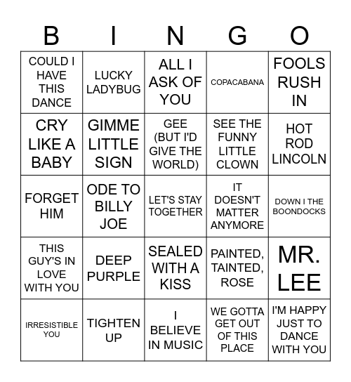 Music Bingo # 44 - WHATEVER (a) Bingo Card