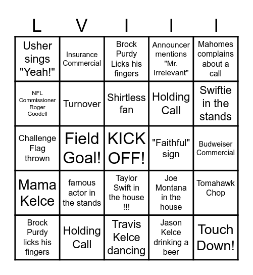 SUPERBOWL BINGO!!! Bingo Card