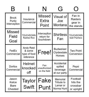 Super Bowl Bingo 2024 Bingo Card
