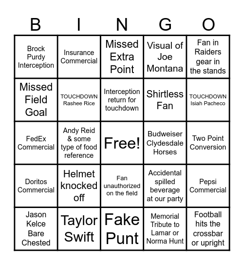 Super Bowl Bingo 2024 Bingo Card