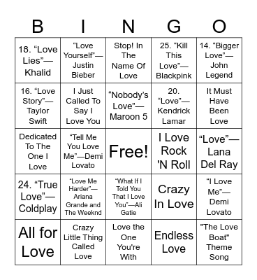 "LOVE" Song Bingo Card
