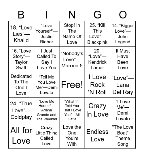 "LOVE" Song Bingo Card