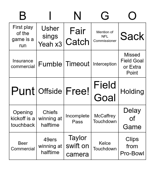 Super Bowl Bingo! Bingo Card