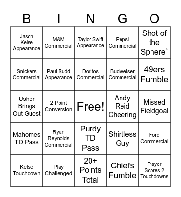 Super Bowl Bingo Card