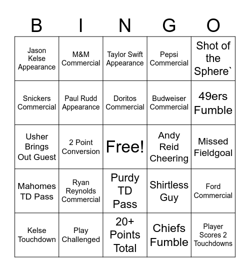 Super Bowl Bingo Card