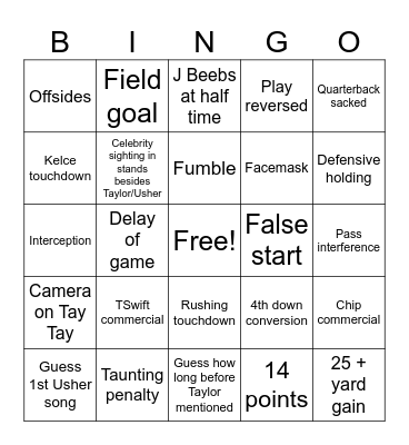 Tay Tay Bowl LVIII Bingo Card