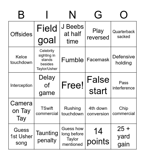 Tay Tay Bowl LVIII Bingo Card