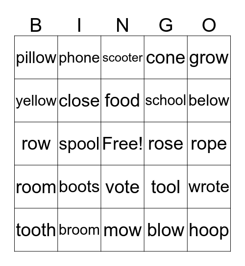 oo, ow, o_e Bingo Card