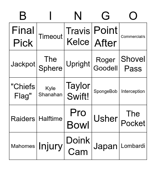 Super Bowl Bingo Card