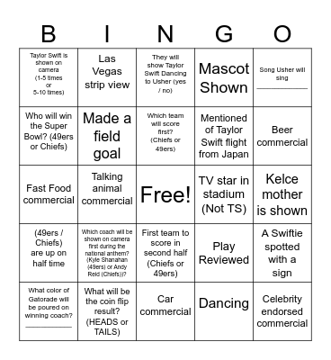 Super Bowl 2024 Bingo Card