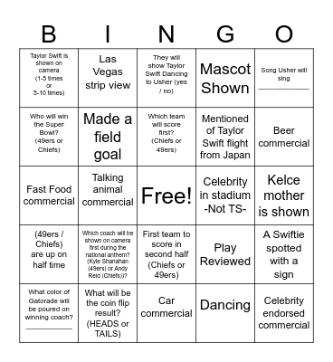 Super Bowl 2024 Bingo Card
