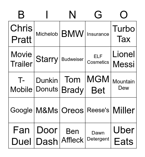 Super Bowl 2024 Bingo Card