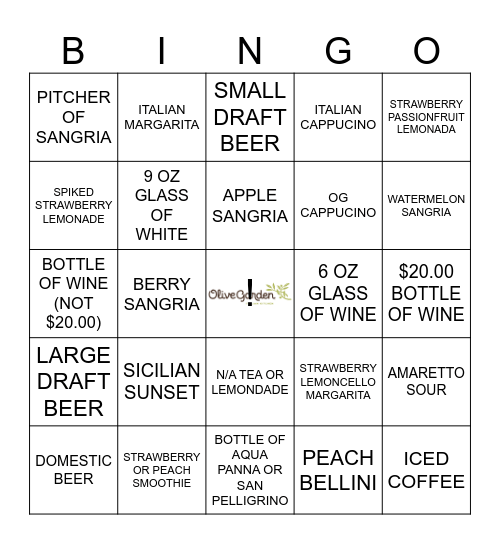 Beverage Bingo Card