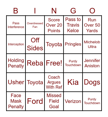 Super Bowl Bingo Card