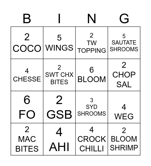 AUSSIE-TIZERS Bingo Card