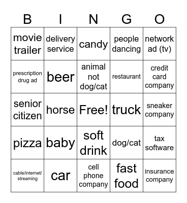 Super Bowl Commercials Bingo Card