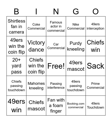 Superbowl Bingo Card