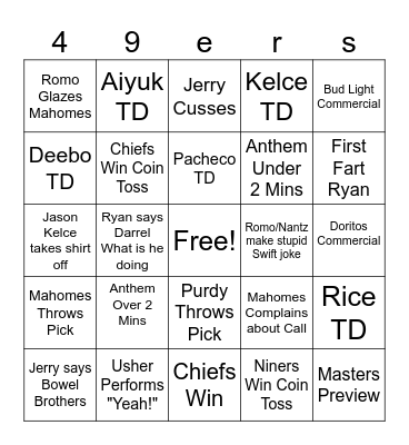 Super Bowl Bingo Card