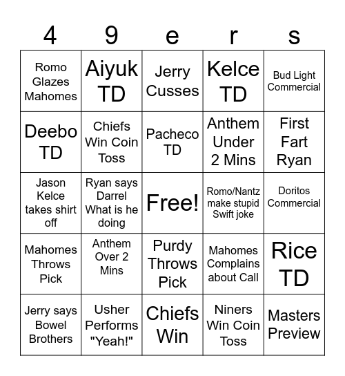 Super Bowl Bingo Card