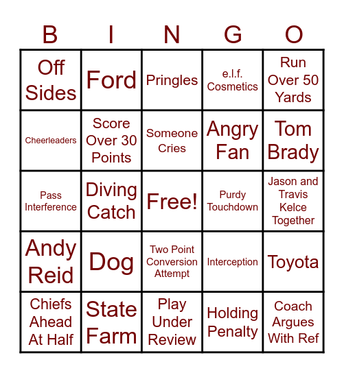 Super Bowl Bingo Card