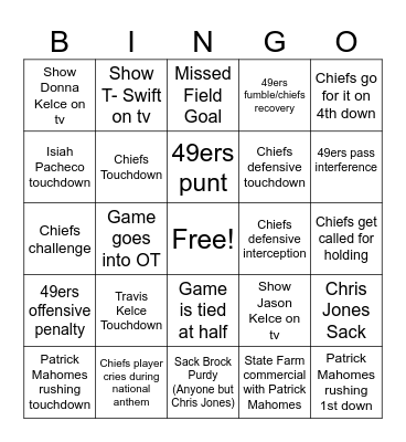 Super Bowl 2024 Bingo Card