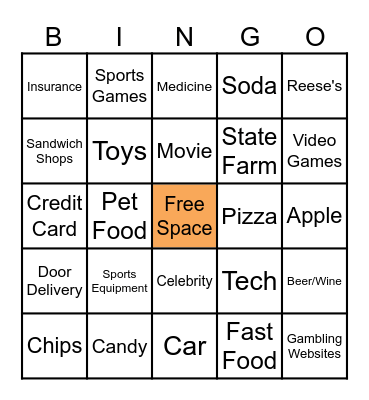 Super Bowl Commercials Bingo Card