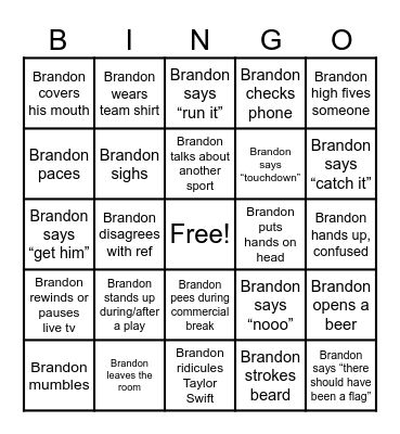 Super Bowl Brandon Bingo Card