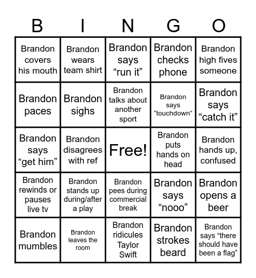 Super Bowl Brandon Bingo Card