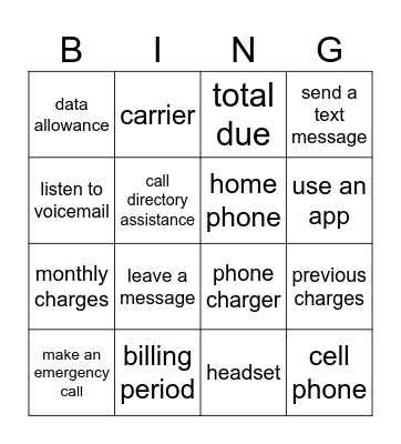 Unit 6 Vocabulary Bingo Card