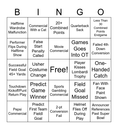 Super Bowl 58 List #2 Bingo Card