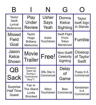 Taylor Swift Super Bowl Bingo Card