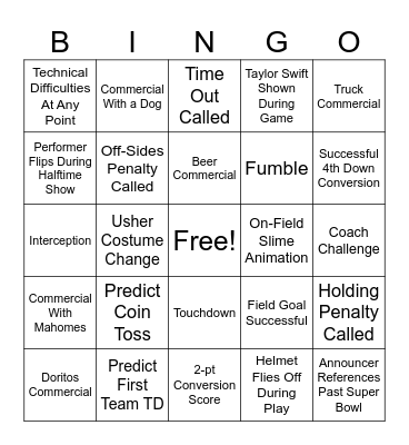 Super Bowl 58 List #1 Bingo Card