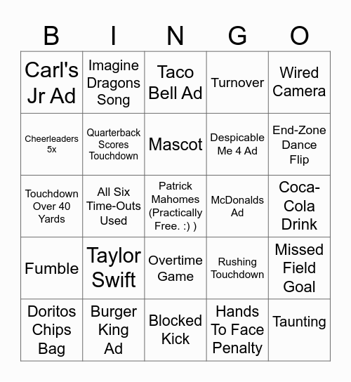 SuperBowl Bingo Card