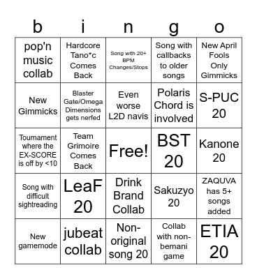 sdvx 2024 bingo card Bingo Card