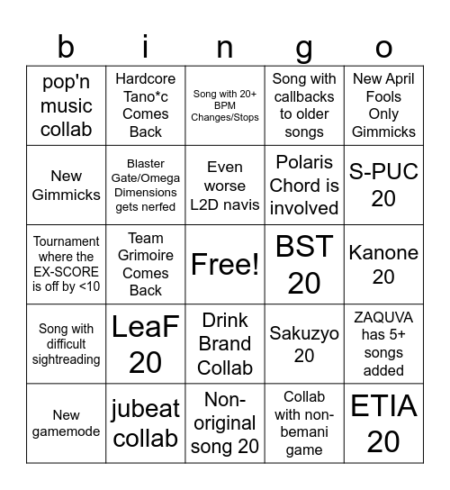 sdvx 2024 bingo card Bingo Card