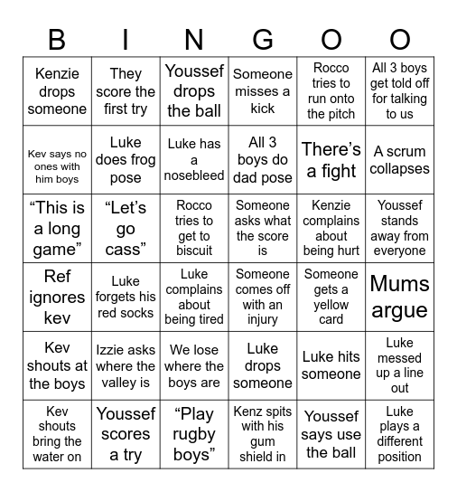 Rugby Bingo Card