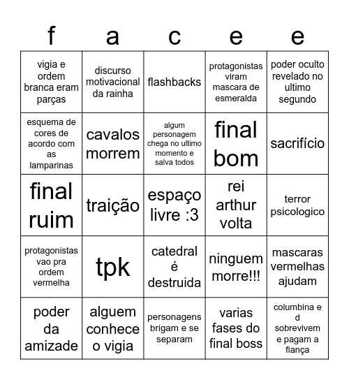 Face do Abismo Finale Bingo Card