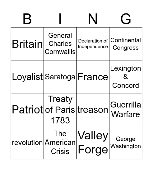 American Revolution Bingo Card