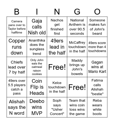 Super Bowl 2024 Bingo Card