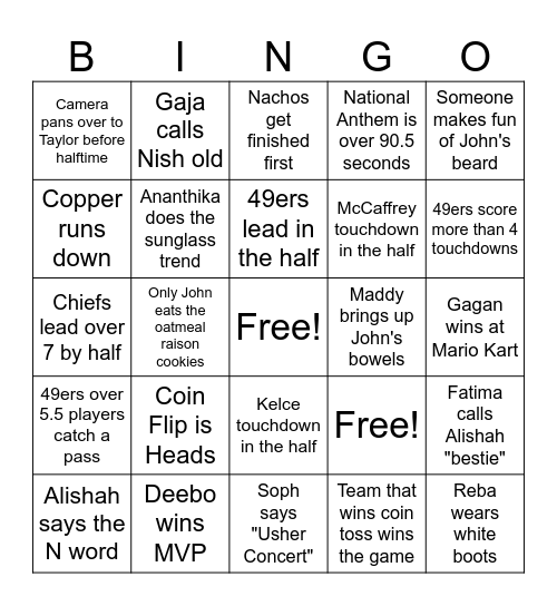 Super Bowl 2024 Bingo Card