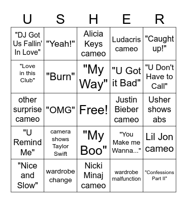 Super Bowl Half Time Bingo Card