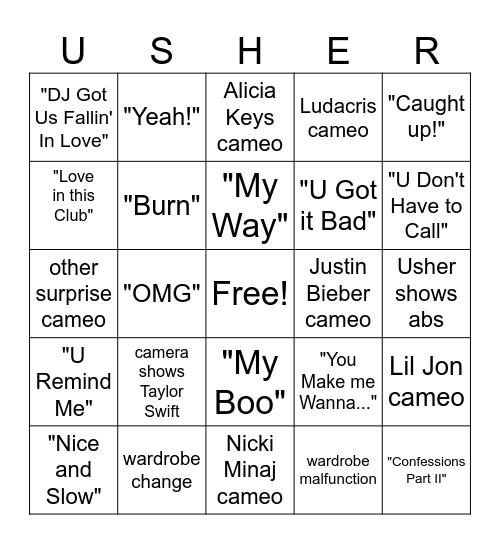 Super Bowl Half Time Bingo Card