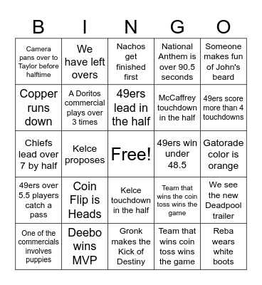 Super Bowl 2024 Bingo Card