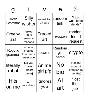 Discord scammer bingo Card