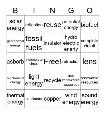 Energy Bingo Card