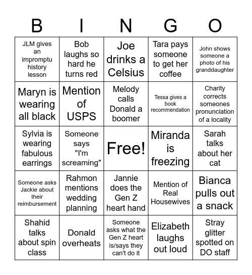 Staff Retreat Bingo Card